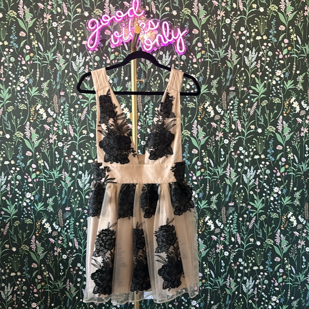 Plunge neckline beaded tulle mini dress